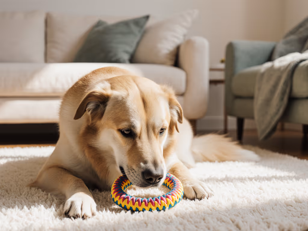 dog happily chewing Goughnuts toy in quiet living room