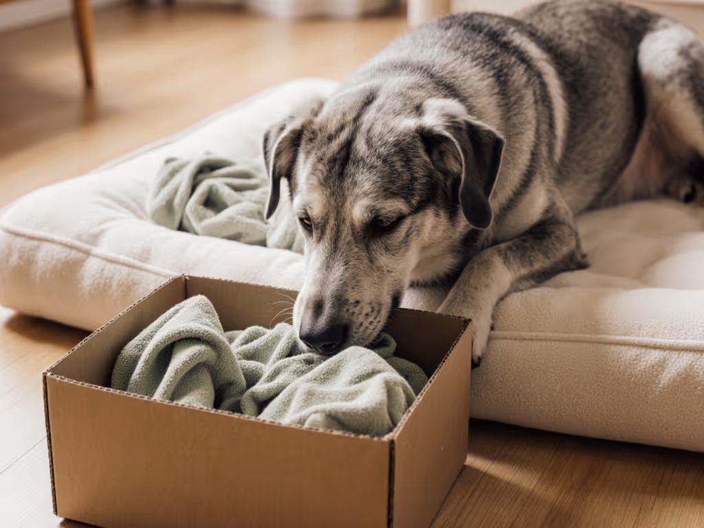 mobility_limited_dog_foraging_in_shallow_box_with_towels