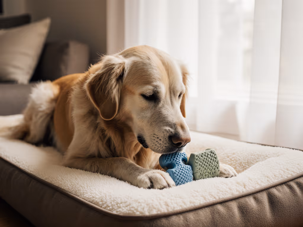 senior_dog_gently_working_puzzle_toy_on_orthopedic_bed