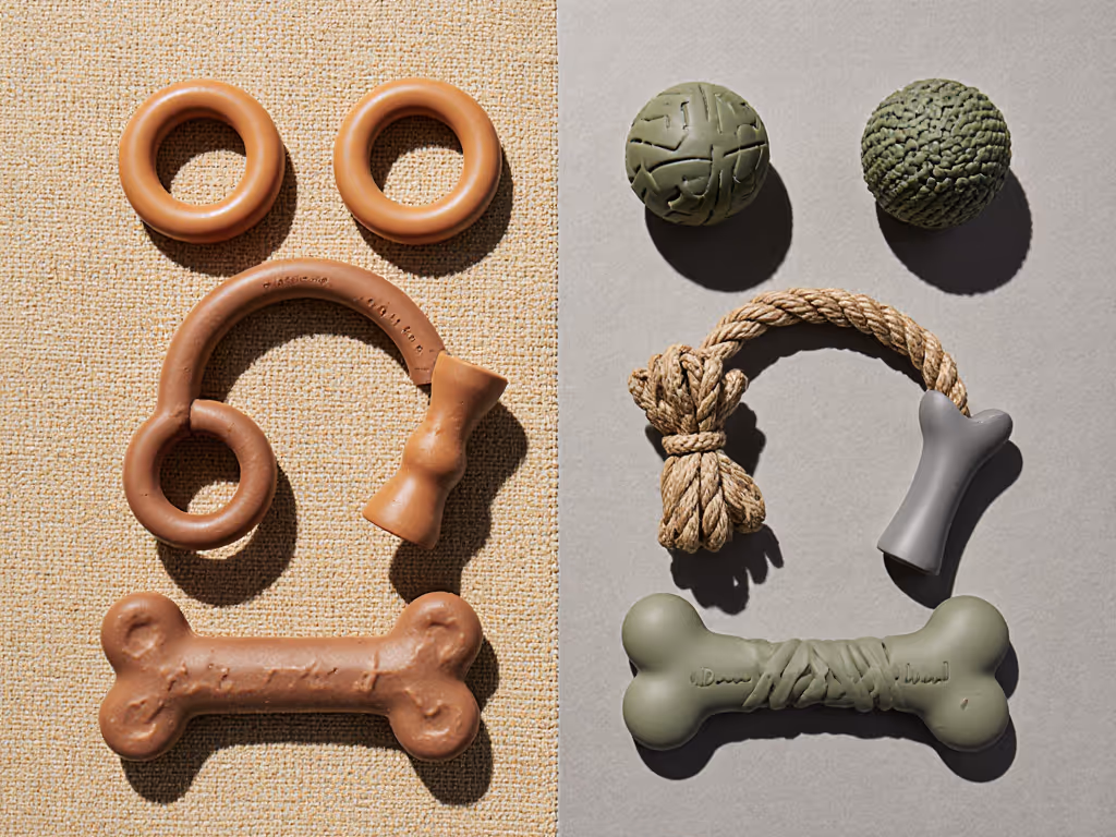 comparison_of_rubber_and_recycled_plastic_power-chewer_dog_toys_on_a_mat